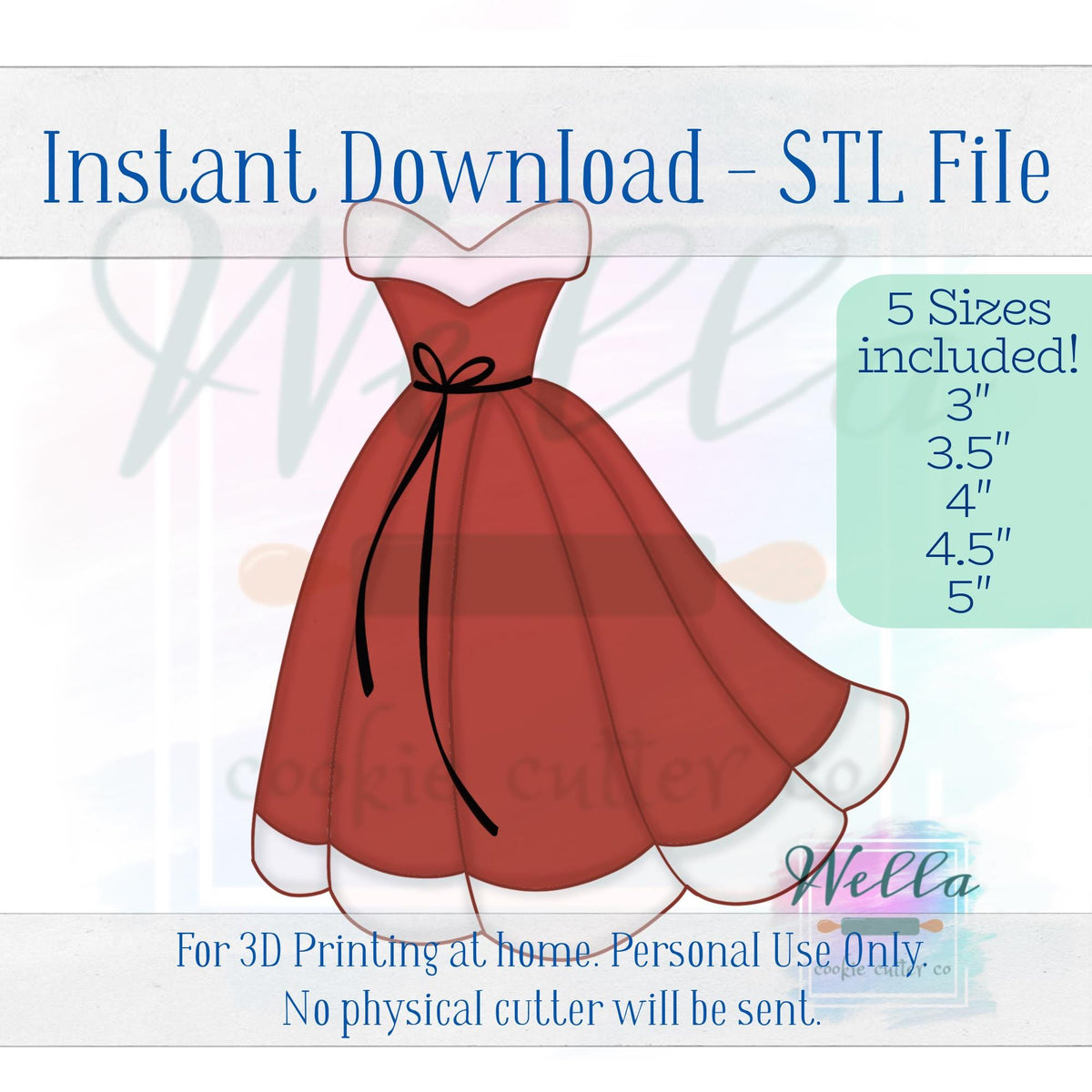 Digital STL File - Christmas Ballgown Dress - 5 Sizes