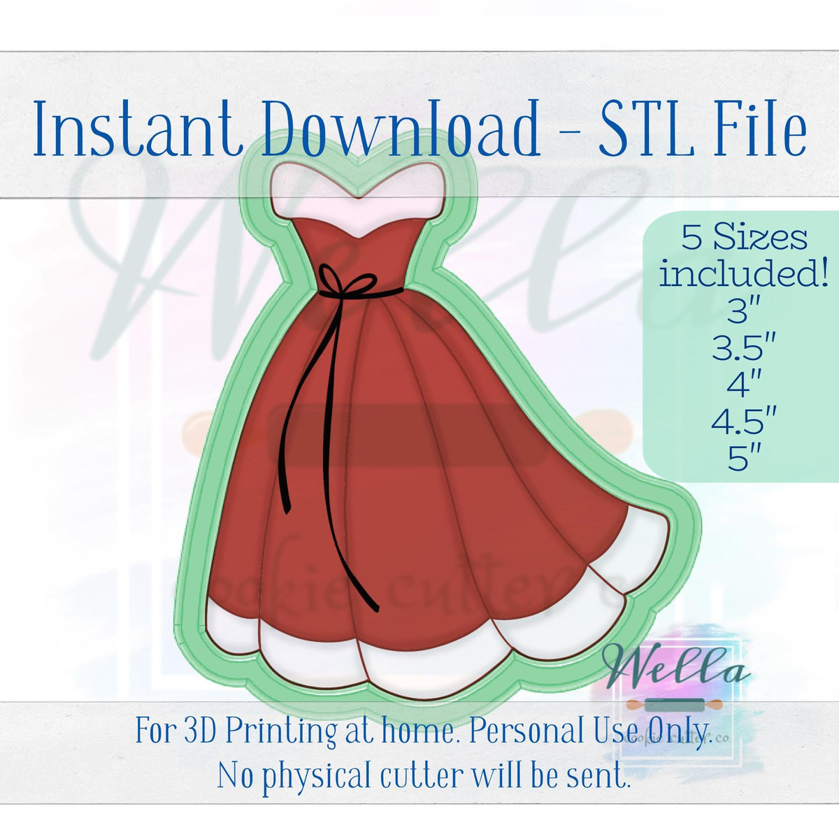 Digital STL File - Christmas Ballgown Dress - 5 Sizes