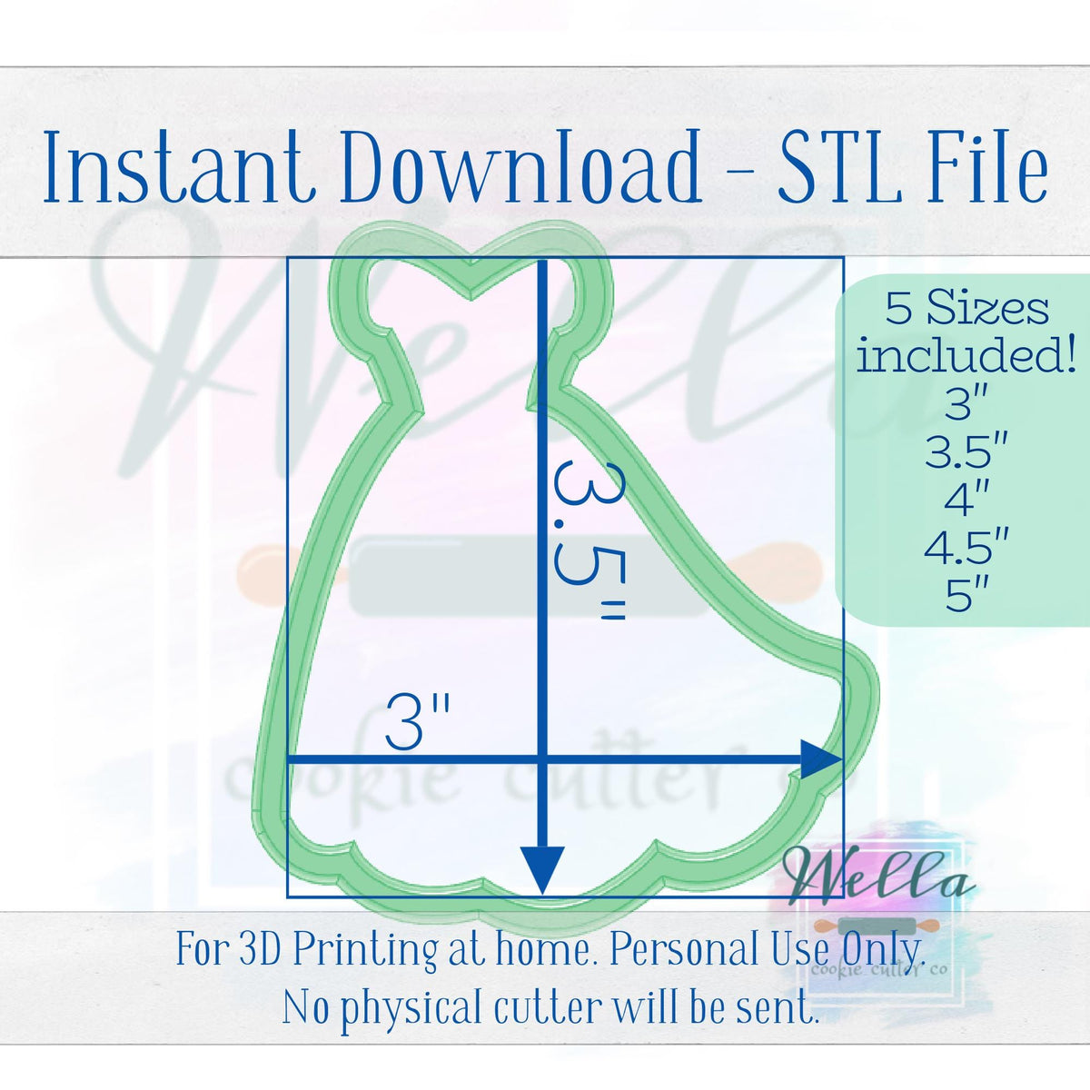Digital STL File - Christmas Ballgown Dress - 5 Sizes