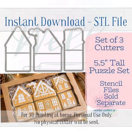 Digital STL File - Gingerbread Town Puzzle Set Cookie Cutters 5.5" - 3pc Set