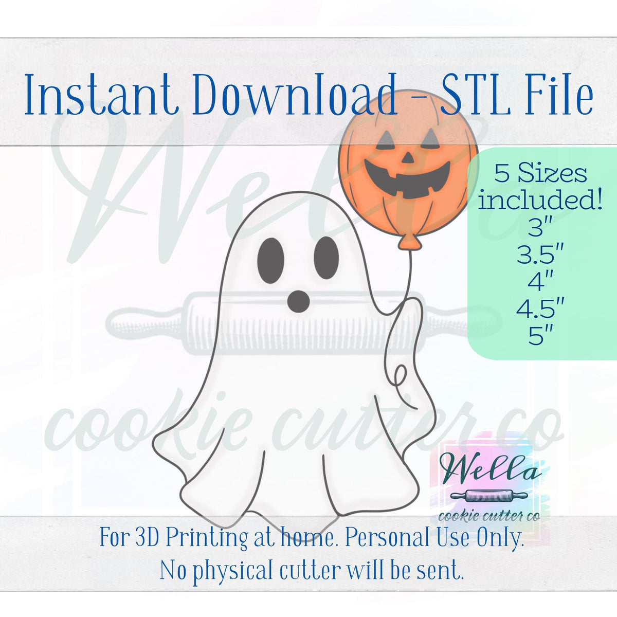 Digital STL File - Ghost with Pumpkin Balloon Cookie Cutter - 5 Sizes