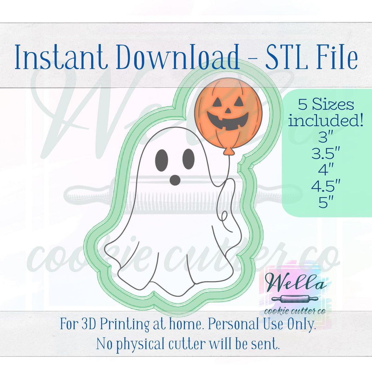 Digital STL File - Ghost with Pumpkin Balloon Cookie Cutter - 5 Sizes